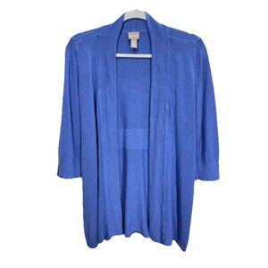 Chicos Open Front Cardigan Womens 2/Large Blue 1/2 Sleeve Duster Sweater Classic
